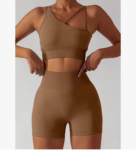 Qinsen High Waisted Running Shorts Support Bra 2 Piece Workout Set Brown Size M - Picture 2 of 8