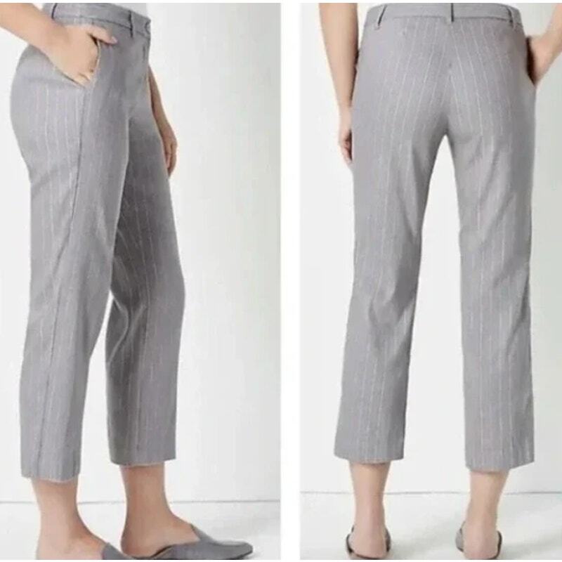 J. Jill Size 14 Linen Stretch Grey White Vertical Stripe Straight Leg Crop Pants