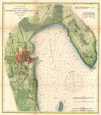 1872 US Coastal Survey Map of Plattsburgh and Lake Champlain, New York Poster