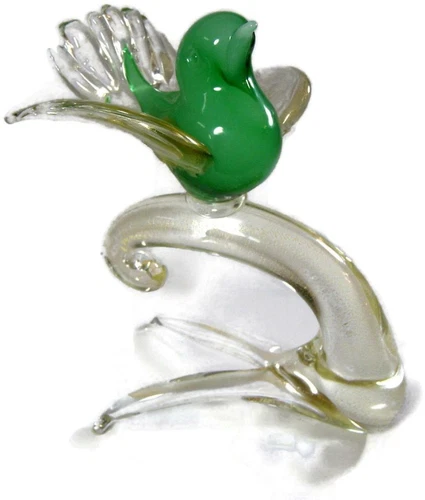 Murano Art Glass Mid Century Green Bird on Branch Gold Aventurine Orig Sticker