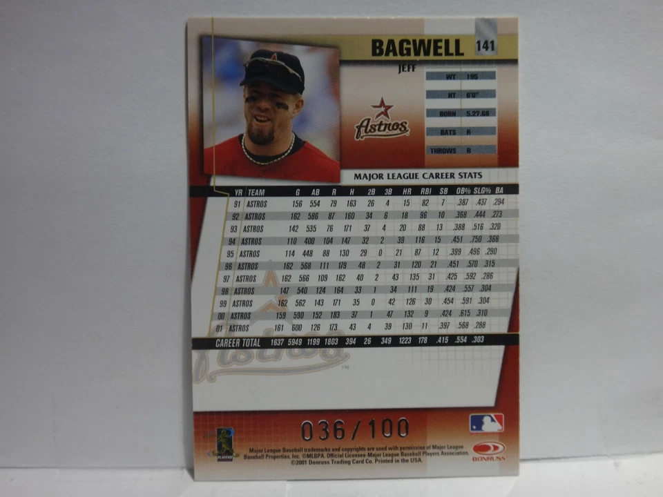 2002 Donruss Fan Clubcredits  /100  Baseball Card #141 Jeff Bagwell - Image 2 of 2