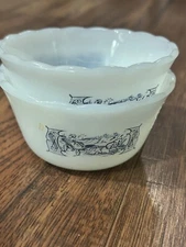 Set Of 2 Vintage Currier And Ives Milk Glass Custard Bowl Cups Fire King Style
