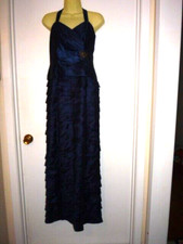 JESSICA HOWARD MAXI DRESS-sz 6-CRISS/CROSS NECKLINE-NAVY-RUFFLES-SLEEVELESS-BEAD