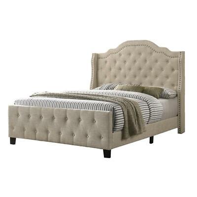 Beige Linen Fabric Panel Bed With, King Upholstered Headboard And Footboard