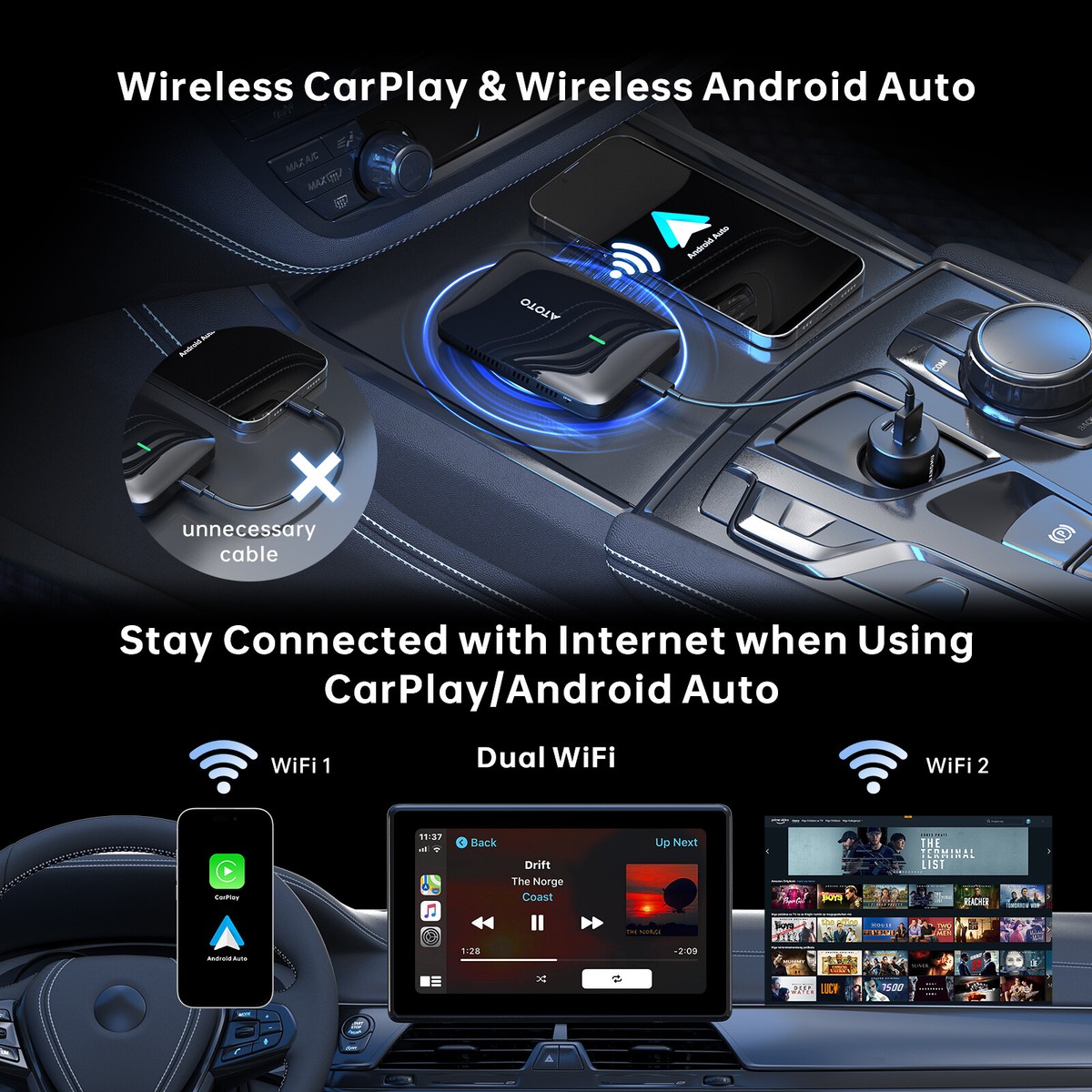 カーナビ ATOTO CarWave Wireless Car Smart Box ATOTO CarWave CB6D Wireless CarPlay Adapter AI Box with Android 13, 4G
