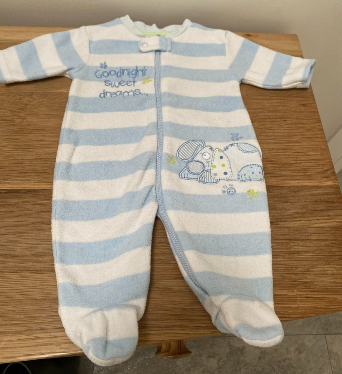 Asda George Baby Boys Blue Stripe Dog Fleece Babygrow Sleepsuit