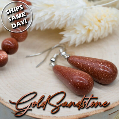 Gold Sandstone Goldstone Crystal Gemstone Teardrop Earrings Silver Jewelry Girls