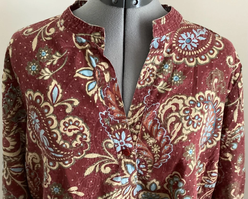 Первый выпуск Liz Claiborne глубокий красный пейсли хлопок смесь кнопка спереди верхний XL - Изображение 3 из 4
