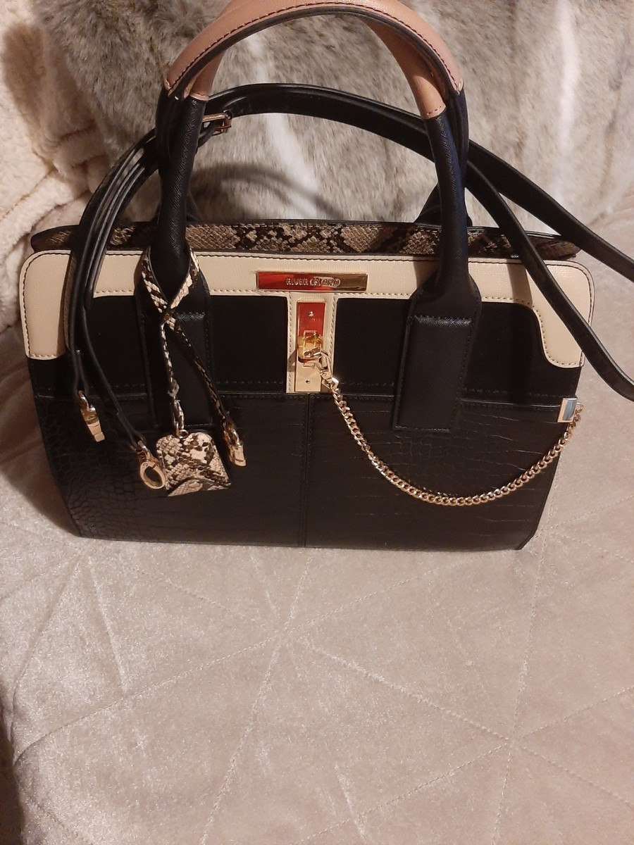Large River Island Black Tan Beige Croc Snake Skin Tote Bag BNWOT