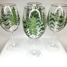 Christmas Tree Wine Glasses Rhinestone Gold Rim Holiday Set of 4 SHIPS PRIORITY