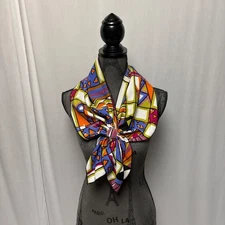 El & Company Colorful Abstract Print Triangle Scarf Button Accent Vintage USA