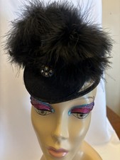 Vintage Black Feather, Church Hat, Rhinestone Sz S Kentucky Derby