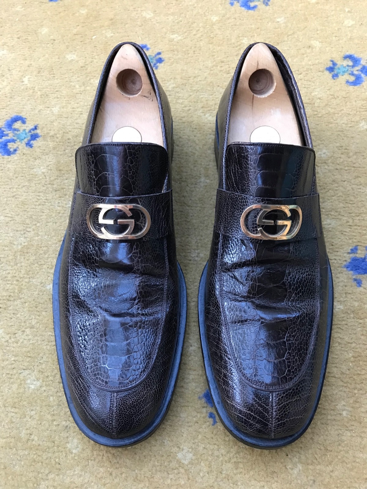 Gucci Loafers Shoes Ostrich Brown Interlocking G Vintage Mens UK 11 US 12 EU 45