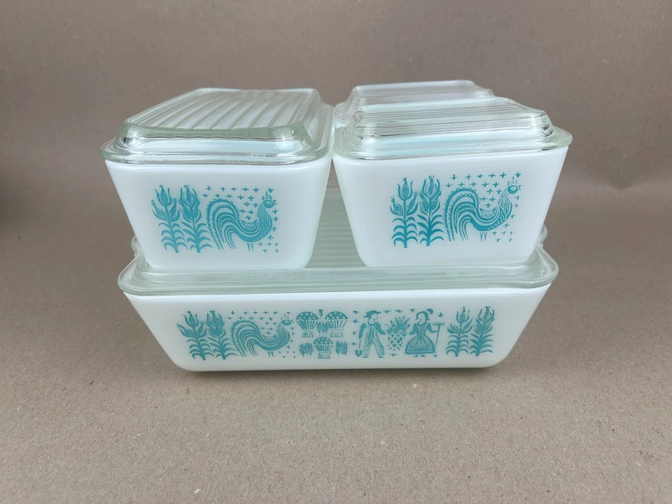 Vtg Pyrex Turquoise Amish Butterprint Refrigerator Dish Set with Lids Retro MCM - Image 3 of 4