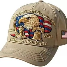 America 250th Anniversary TAN KHAKI Cap 1776 2026 USA Patriotic Hat Adjustable