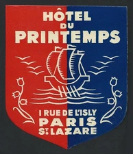 Hotel du Printemps PARIS France - vintage luggage label