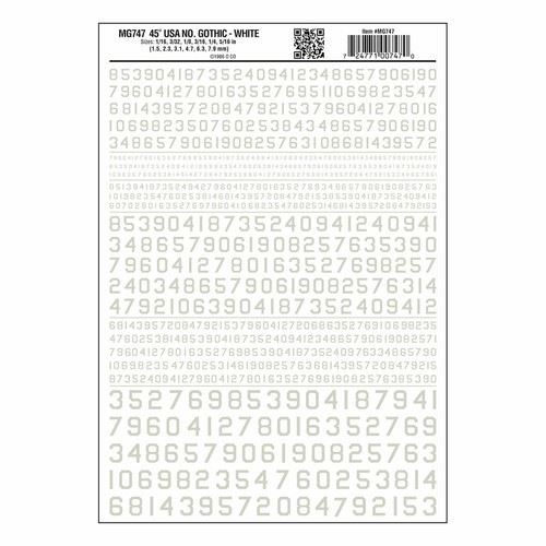 45 US Gothic Numbers White transfer Sheet Woodland Scenics MG747