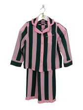 M&S Girl's Pyjama Set Pink & Green Satin Striped Long Sleeve Ruffle Pocket New