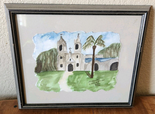 Pintura Mission Concepcion de JLC '96 enmarcada 13 1/4" x 11 1/4" firmada - Imagen 1 de 3
