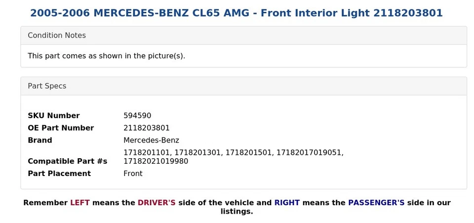 MERCEDES-BENZ CL65 AMG 2005-2006 - Luz interior delantera 2118203801 Foto 4 de 4