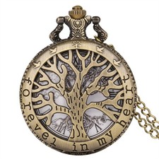 Retro Hollow Out Tree Case Men Women Quartz Pocket Watch Necklace Chain Gifts