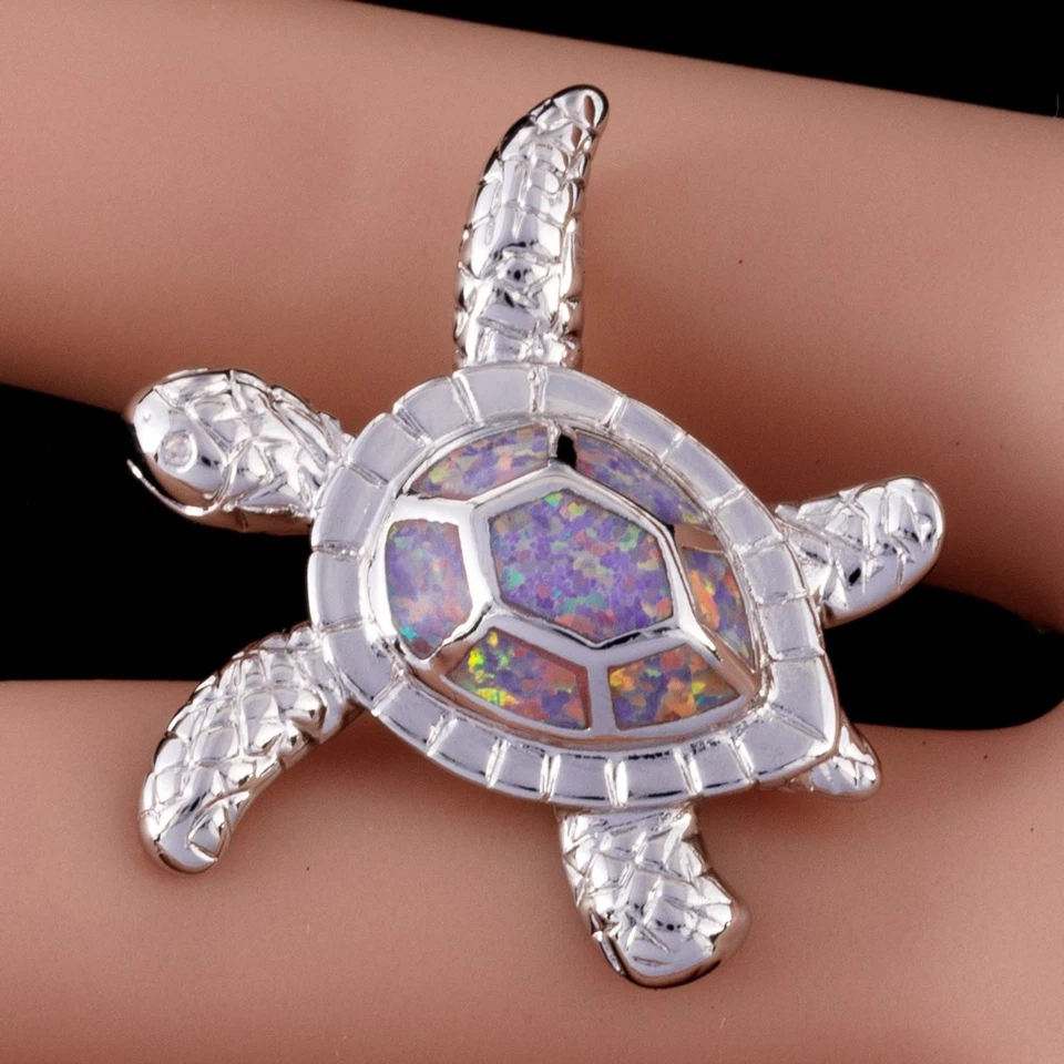 Collar colgante de plata ópalo de fuego púrpura lavanda tortuga marina carey Foto 3 de 4