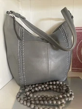 The Sak Grey SOFT Leather Sequoia Hobo Bag Purse W / Crochet Accent Shoulder Bag