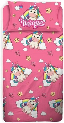 Einhorn Komplettbett 3tlg Rosa Mädchen Bettwäsche Ober+Unter+Kissenbezug 100% Baumwolle