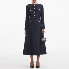 Women Self-Portrait Round Neck Knit Long Sleeve A-line Midi Dress