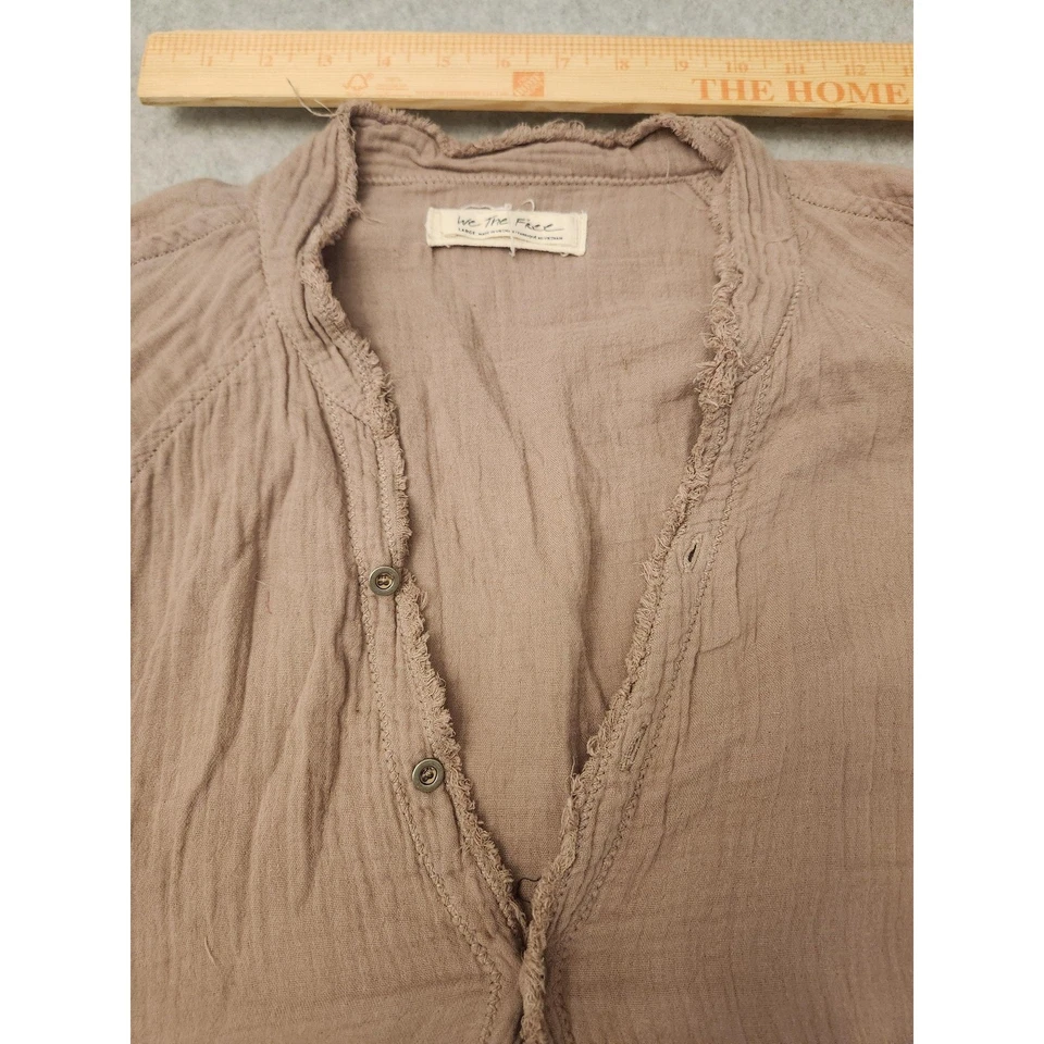 We The Free Shirt Womens Large Brown Crinkle Button Down Blouse Pocket Boho - Image 3 of 4