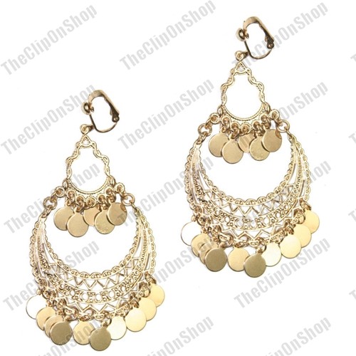 CLIP ON BIG 3.75"long CHANDELIER gypsy discs EARRINGS GOLD FASHION boho clips - Picture 2 of 7