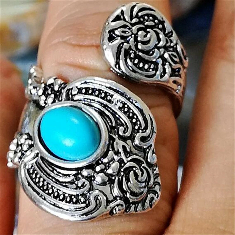 Native American Indian Jewelry Silver Flower Turquoise Open Ring Adjustable