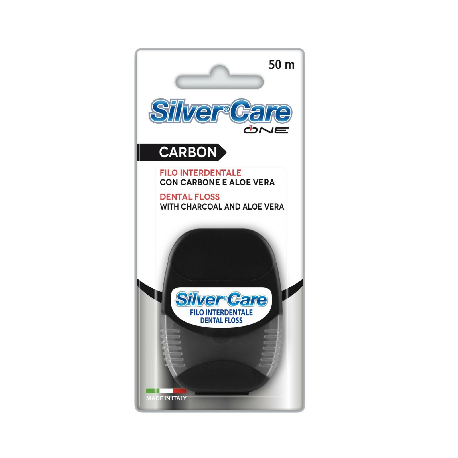Filo Interdental. SILVER CARE ONE CARBON con CARBONE ATTIVO e ALOE VERA 50mt