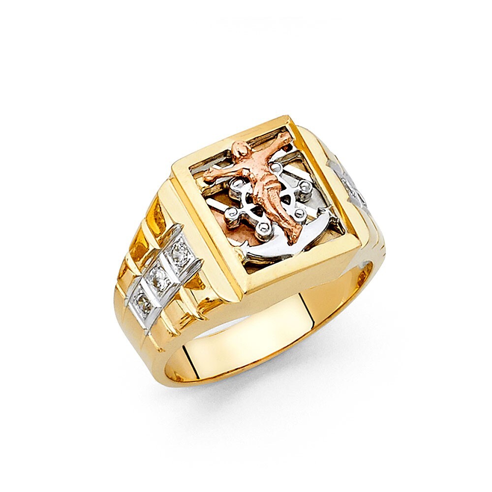 14K Tri Color Gold Cubic Zirconia Men's Ring