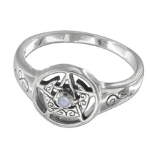 Moon Pentacle Ring Sterling Silver & Moonstone - Wiccan Pagan Pentagram Jewelry