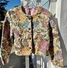Vintage One of a Kind Handmade Tapestry Short Jacket Floral Pink Gold Buttons