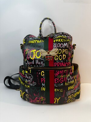 Alba Queen Bee Stripe Graffiti Backpack Handbag Black/MultiColor