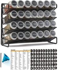 Spice Rack Organizer with 28 Spice Jars, 386 Spice Labels, Chalk Marker and Funn