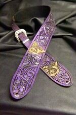 Guitar strap leather tooled hand made in USA Floral riffs pearl purple 3.5 2 pc