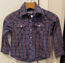 Wrangler Western Shirt Long Sleeve Plaid Pearl Snap Blue Size Youth XS 3-4
