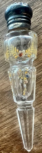 Antique Moser Lay Down Chatelaine Clear Glass Perfume Bottle Enamel Sterling Cap