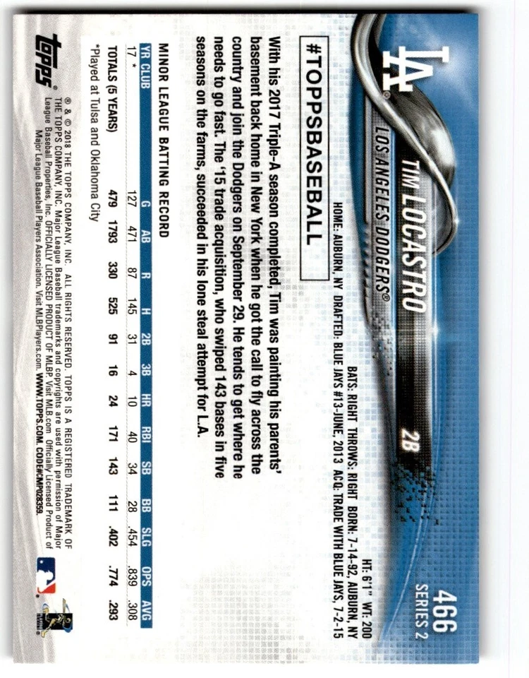 2018 Topps Tim Locastro Rookie #466 Los Angeles Dodgers - Image 2 of 2