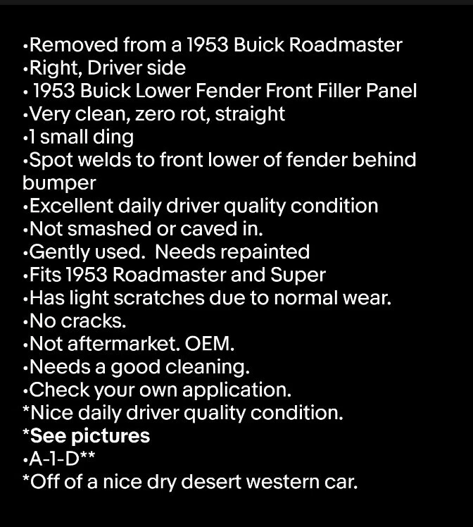 Buick 1953 guardabarros inferior panel de llenado delantero Roadmaster Super 53 lado del conductor  Foto 2 de 4
