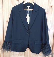 Chico's Black Blazer Womens Sz 2 Faux Feathers Day Night Lined Long Sleeve NEW