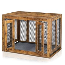 36.4 inch Corner Dog Crate Furniture Wooden Dog Kennel with Metal Mesh And Table