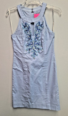 Lilly Pulitzer Jena Stretch Shift Dress Sz 2 Blue Peri Tint Beaded Halter Neck