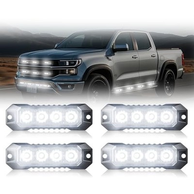 4PCS Ultra Slim LED Strobe Lights for Trucks 4-LED Surface Mount Flashing White