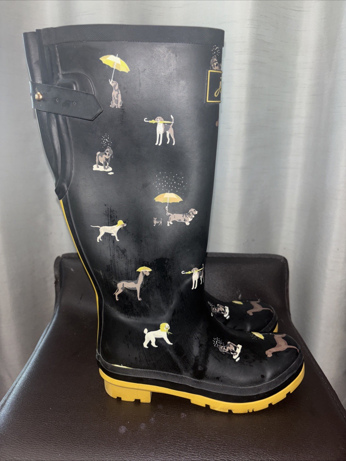 Joules Gorp Whimsical Black Rubber Tall Welly Print Corgi Dog Rain Boots 6 Women image 2