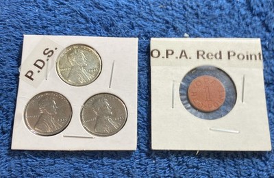 1943 P,D,S, Pennies  WW11 Steel Set. & OPA Red Point WW11 ration token.