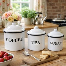 ENAMELWARE SET OF 3 CANISTERS COFFEE TEA SUGAR French/English Country EUC